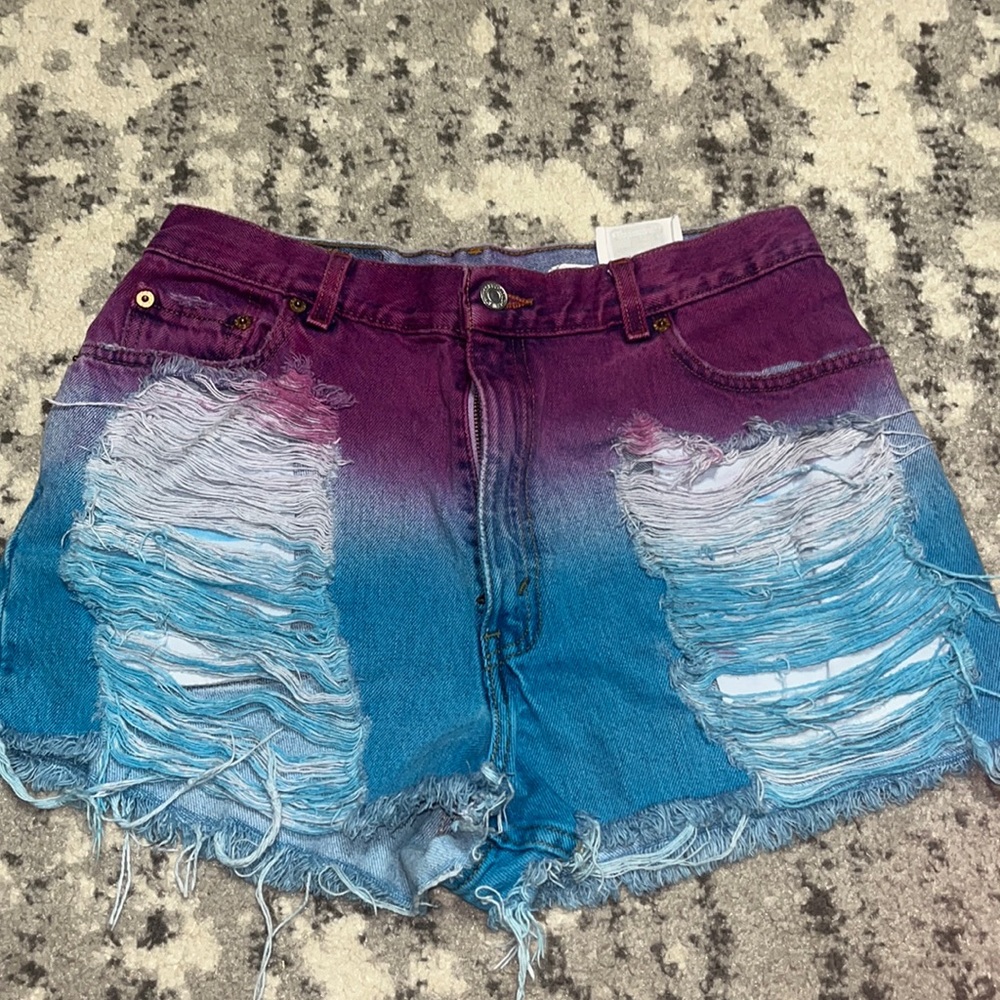High-Rise Ombre Purple to Blue Distressed Denim Shorts Sz 4/27